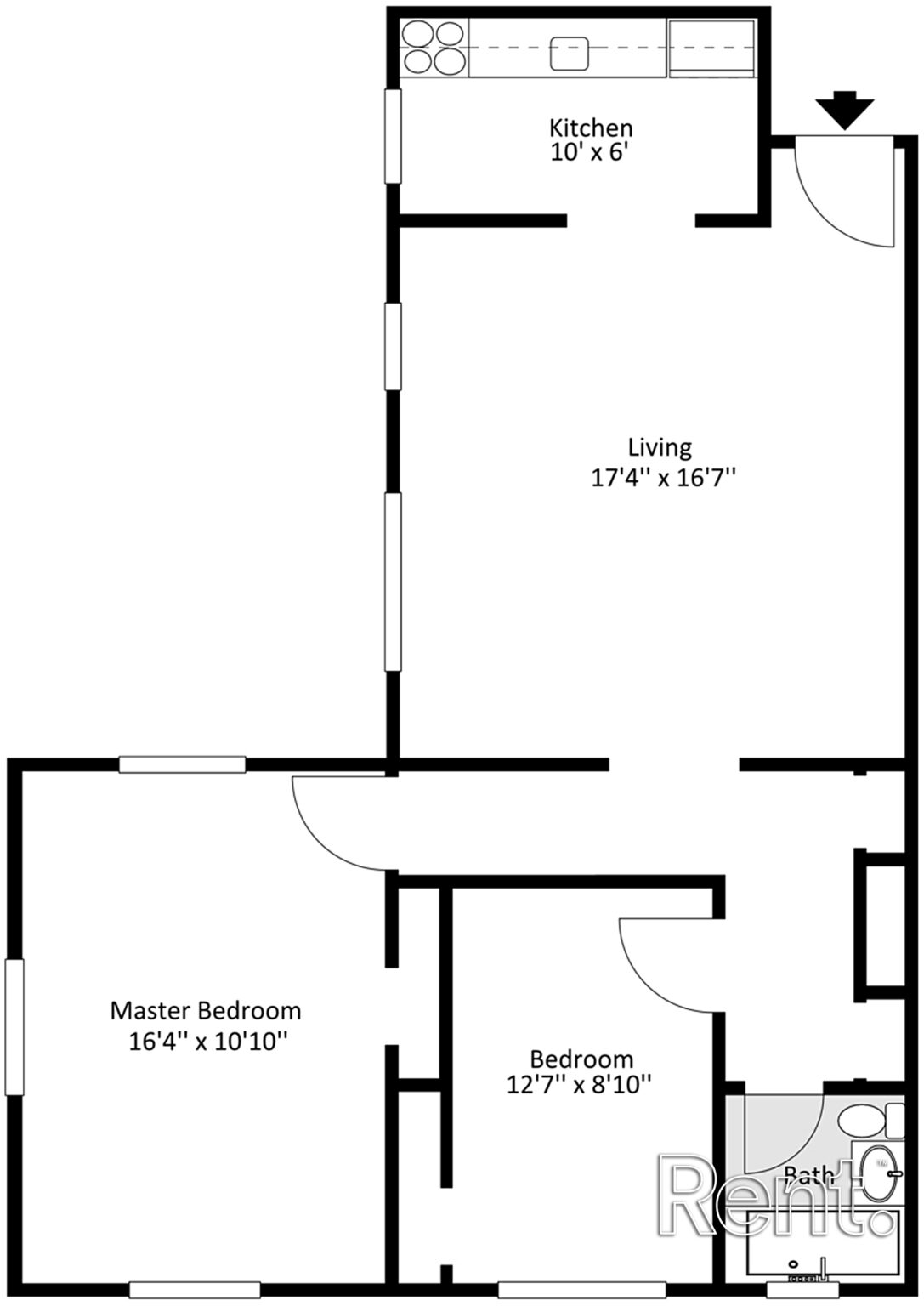 2 bedroom floor plan - 1 bathroom